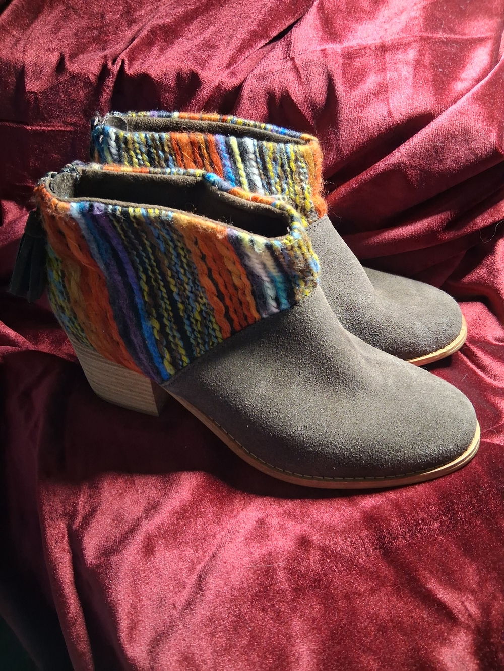 Toms Brown Suede Ankle Booties with Multicolor Knit Cuff